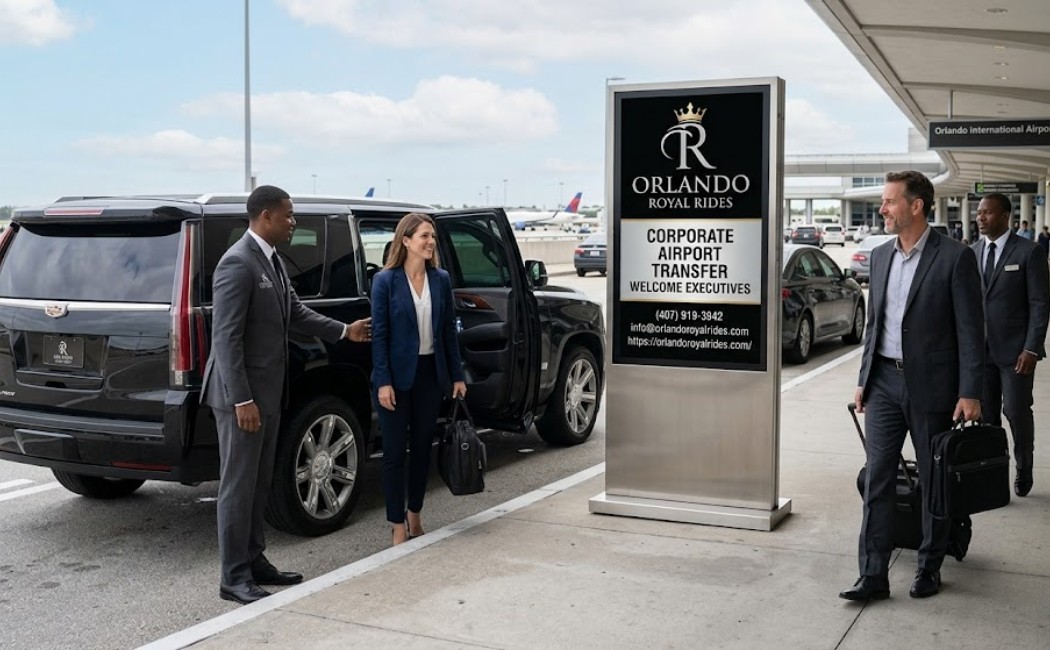 Corporate Airport Transfer in Orlando - Black luxury sedan at airport with Orlando Royal Rides Orlando Royal Rides - Corporate Airport Transfer Service